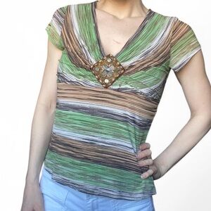 Y2K Cato brown and green striped women’s boho top w/ center embellishment size M
